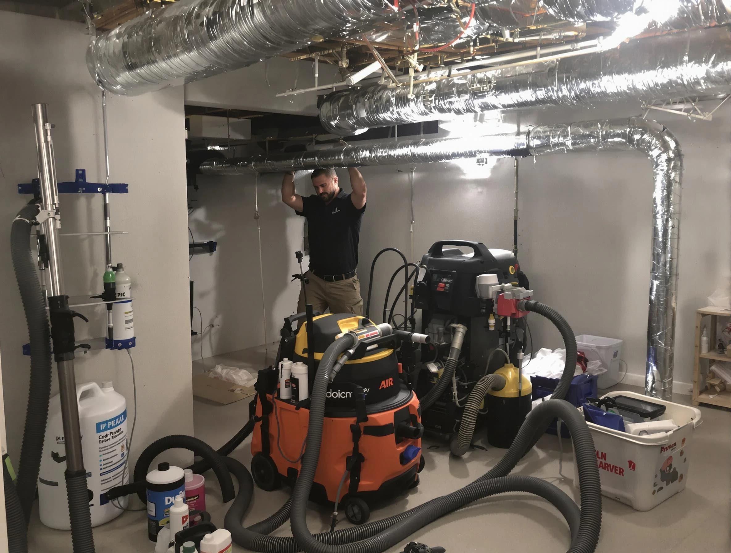 Tewksbury Air Duct Cleaning specialist performing professional mold removal from air ducts using safety equipment in Tewksbury