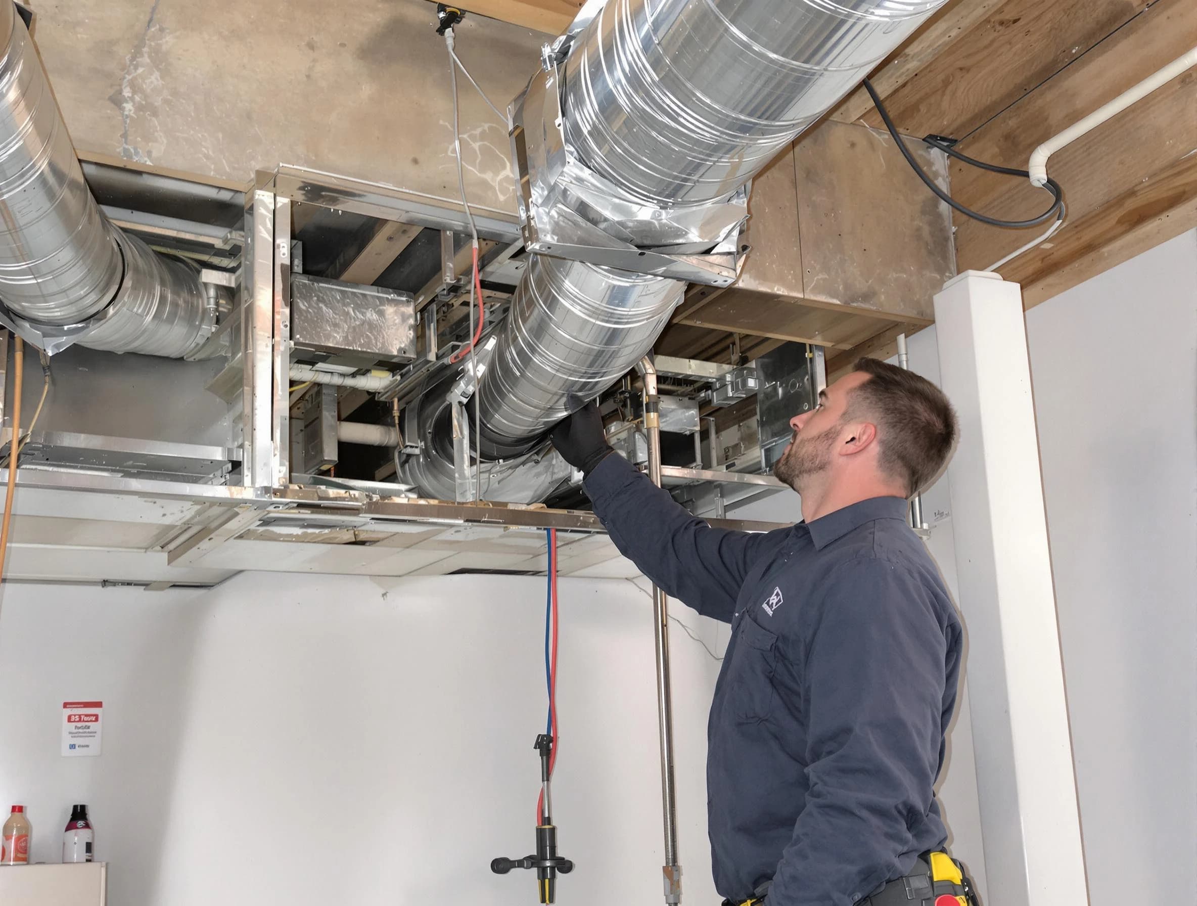 Tewksbury Air Duct Cleaning technician performing professional air duct repair using specialized tools in Tewksbury