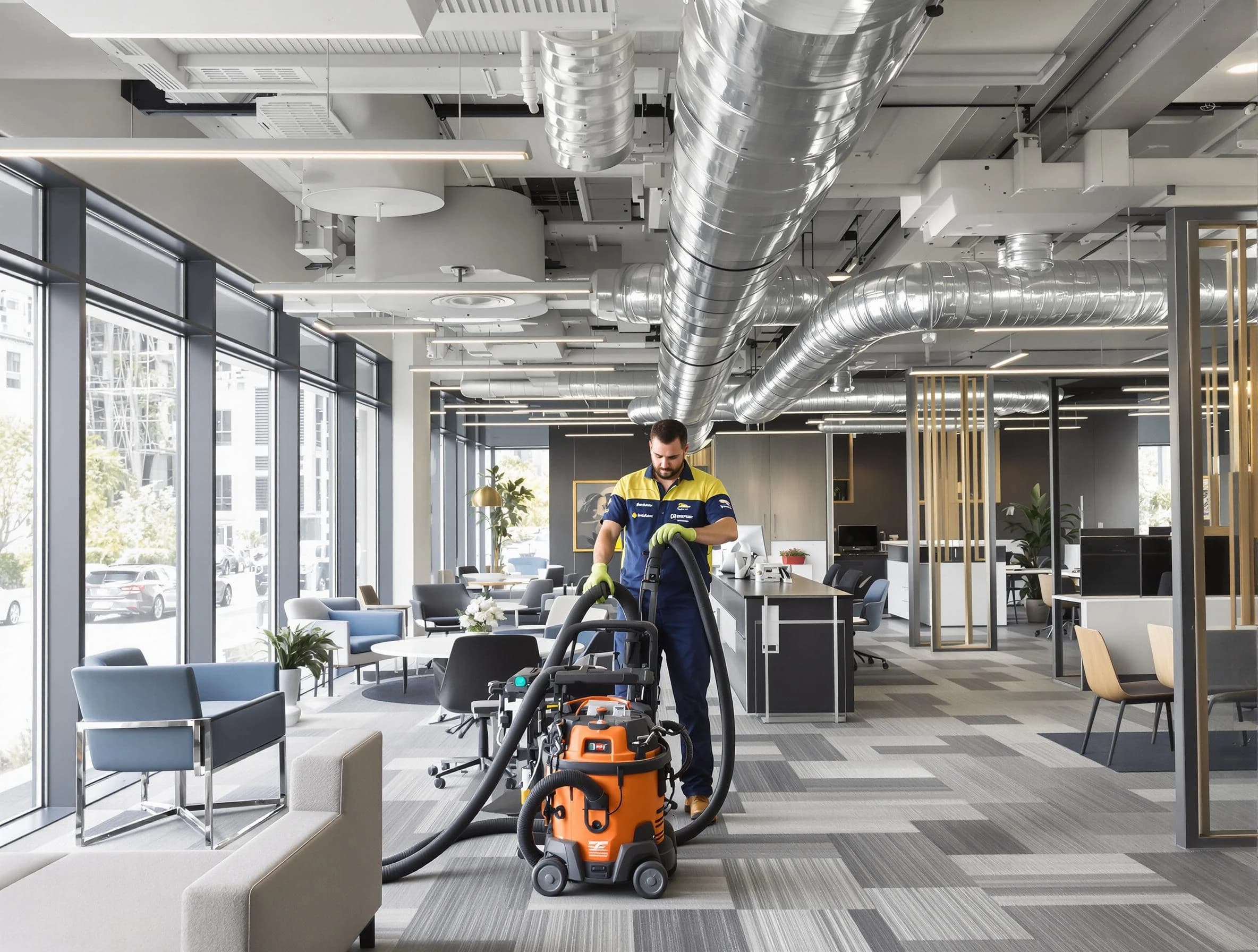 Tewksbury Air Duct Cleaning team performing thorough commercial duct cleaning at a Tewksbury business center